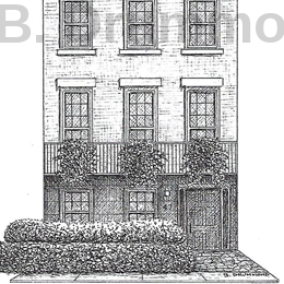 Pen and ink drawing of a New York City apartment building